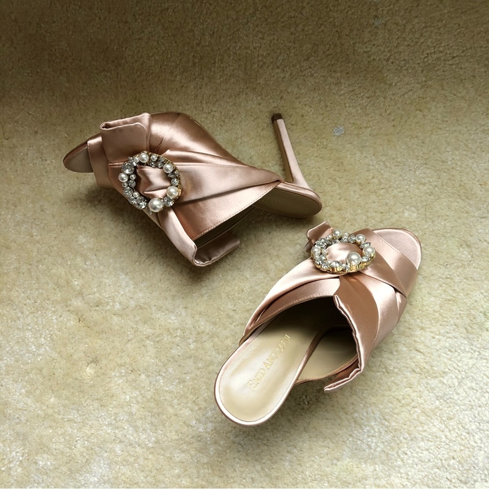🤩👠Sz6.5 Enzo Angiolini satin evening sandals w/embellished crystals & pearls